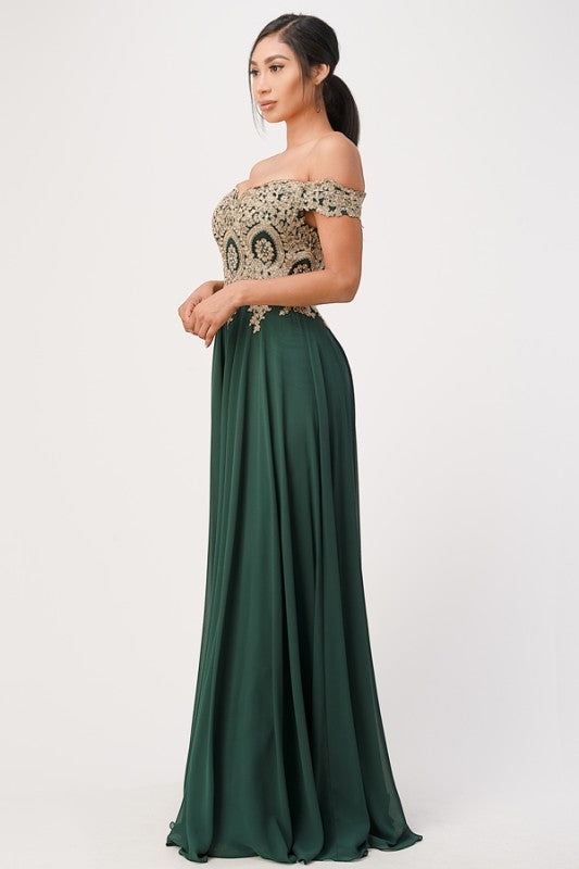Women's Off Shoulder Chiffon Gold Appliques Gown Formal Dress | Zarnesh