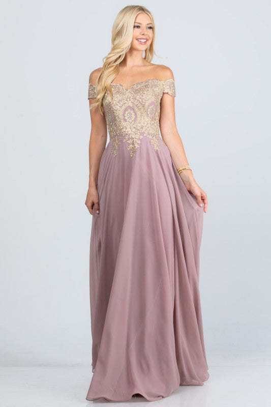 Women's Off Shoulder Chiffon Gold Appliques Gown Formal Dress | Zarnesh