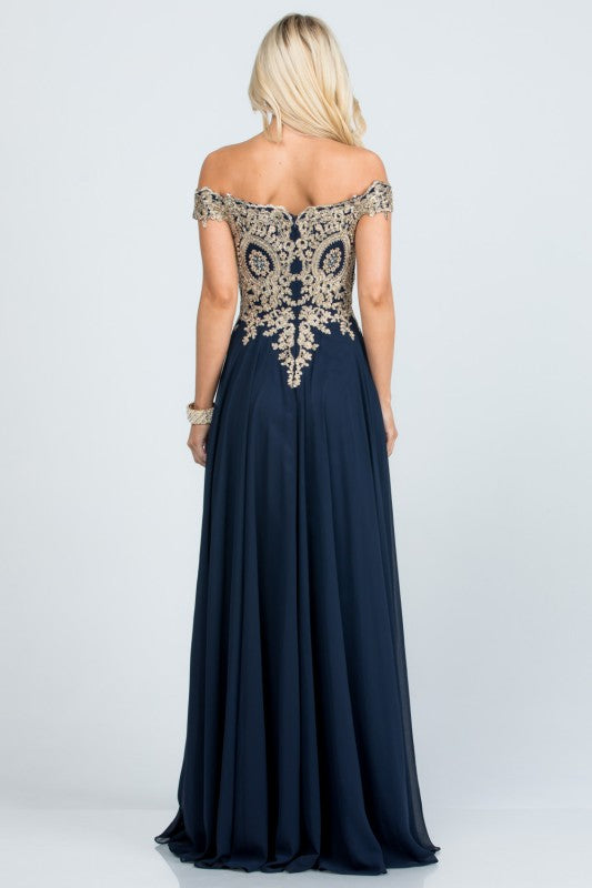 Women's Off Shoulder Chiffon Gold Appliques Gown Formal Dress | Zarnesh
