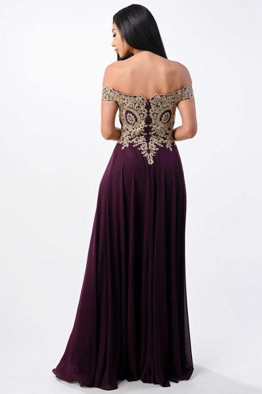 Women's Off Shoulder Chiffon Gold Appliques Gown Formal Dress | Zarnesh