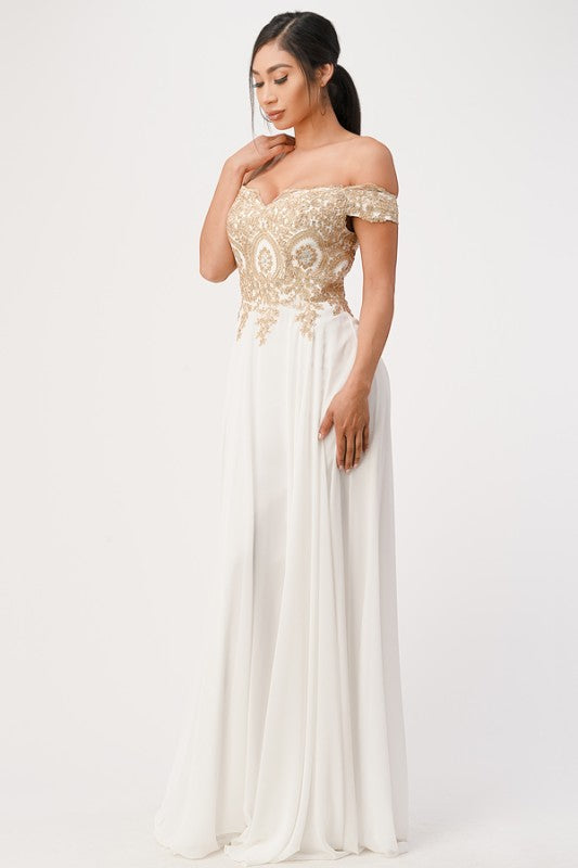 Women's Off Shoulder Chiffon Gold Appliques Gown Formal Dress | Zarnesh