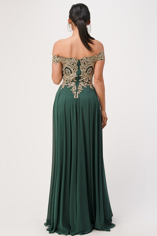 Women's Off Shoulder Chiffon Gold Appliques Gown Formal Dress | Zarnesh