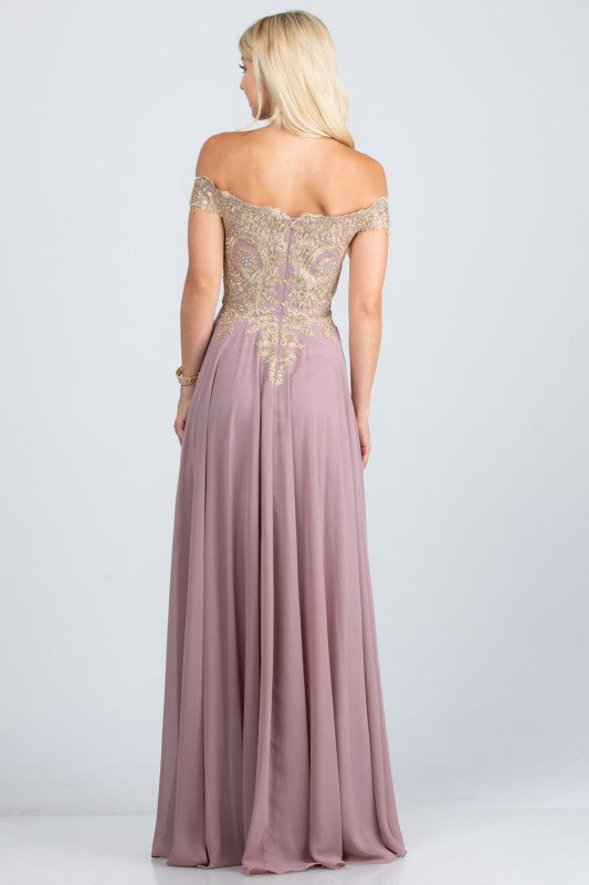 Women's Off Shoulder Chiffon Gold Appliques Gown Formal Dress | Zarnesh