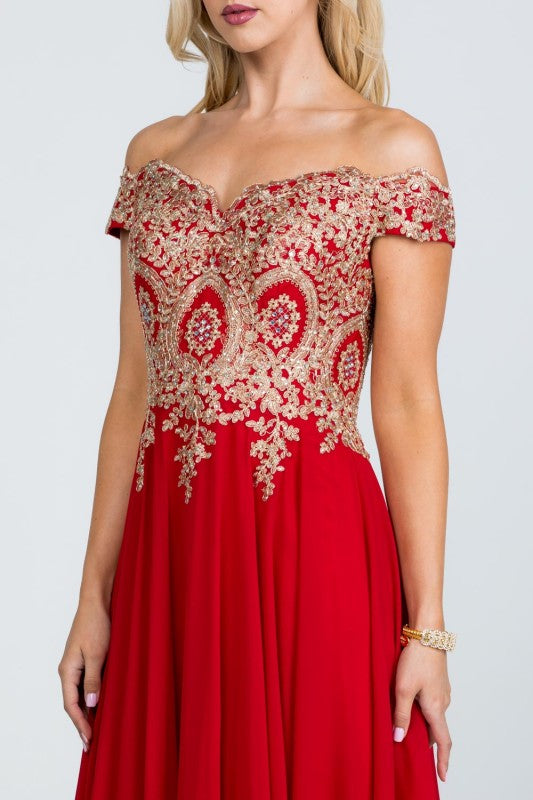Women's Off Shoulder Chiffon Gold Appliques Gown Formal Dress | Zarnesh