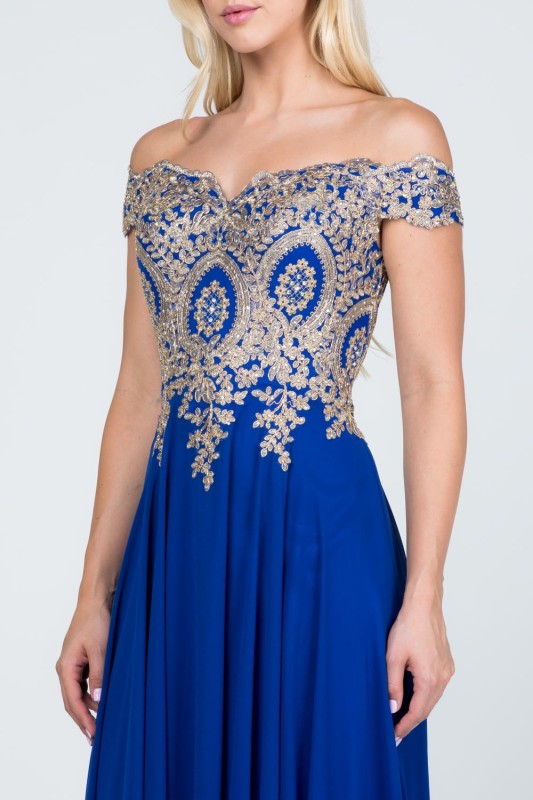 Women's Off Shoulder Chiffon Gold Appliques Gown Formal Dress | Zarnesh