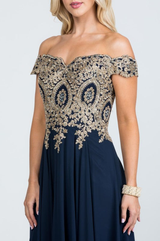 Women's Off Shoulder Chiffon Gold Appliques Gown Formal Dress | Zarnesh