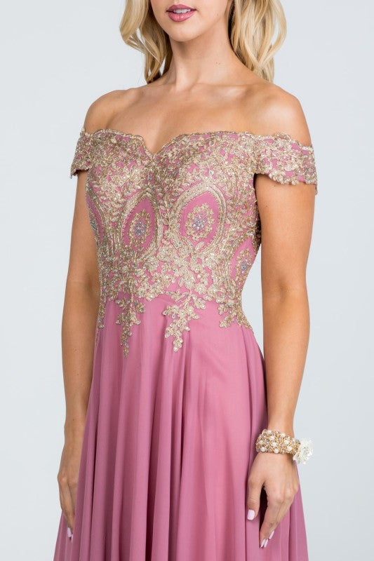 Women's Off Shoulder Chiffon Gold Appliques Gown Formal Dress | Zarnesh