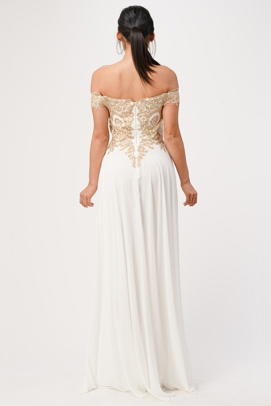 Women's Off Shoulder Chiffon Gold Appliques Gown Formal Dress | Zarnesh