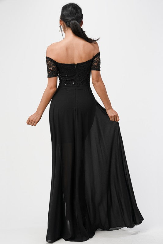 Women's Off Shoulder Sequin Lace Party Chiffon Dress | Zarnesh