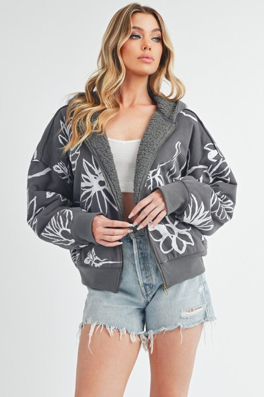 Women’s Oita Flower Print Zip Up Sherpa Hoodie Jacket | Zarnesh