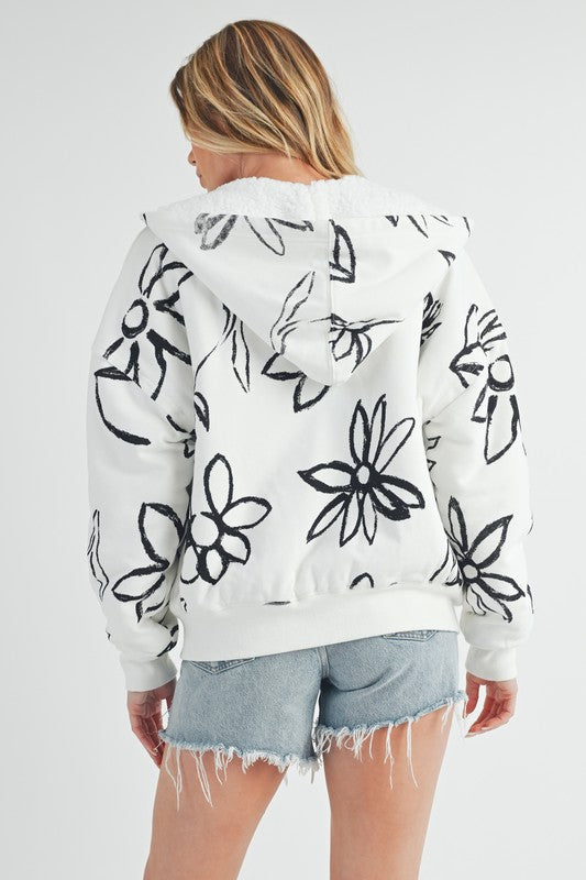 Women’s Oita Flower Print Zip Up Sherpa Hoodie Jacket | Zarnesh