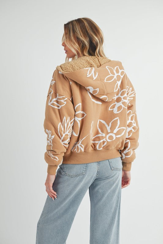 Women’s Oita Flower Print Zip Up Sherpa Hoodie Jacket | Zarnesh