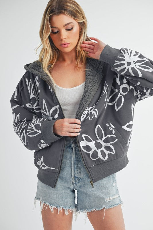 Women’s Oita Flower Print Zip Up Sherpa Hoodie Jacket | Zarnesh