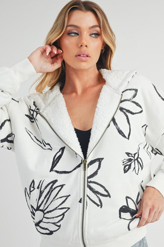 Women’s Oita Flower Print Zip Up Sherpa Hoodie Jacket | Zarnesh