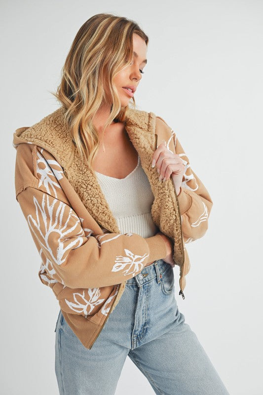 Women’s Oita Flower Print Zip Up Sherpa Hoodie Jacket | Zarnesh