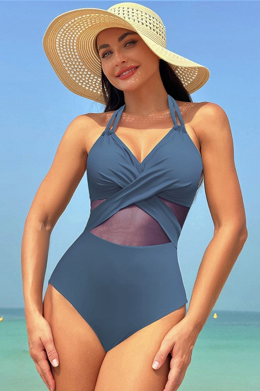 Women’s Color Block Halter Cross Lace One Piece Swimsuit | Zarnesh