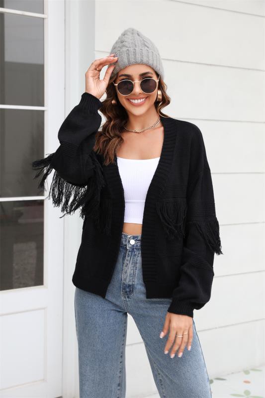 Women’s Open Front Rib Knitted Fringe Tassel Cardigan | Zarnesh