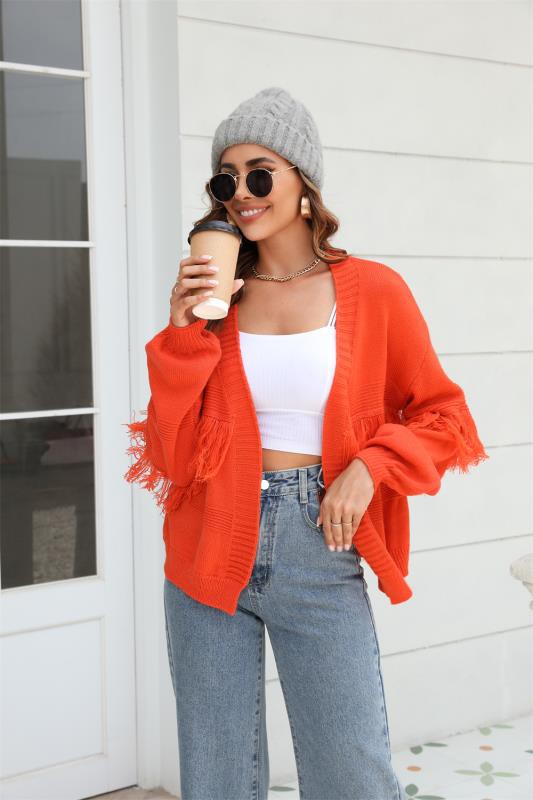 Women’s Open Front Rib Knitted Fringe Tassel Cardigan | Zarnesh