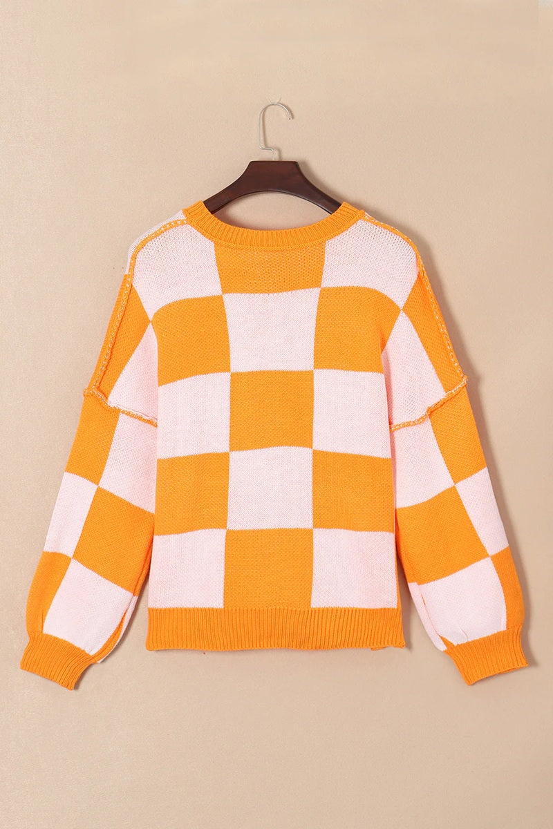 Women’s Color Block Plaid Exposed Bishop Sleeve Seam Sweater | Zarnesh
