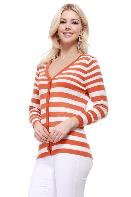 Women’s Striped Button-Down V-Neck Spandex Cardigan Sweater | Zarnesh
