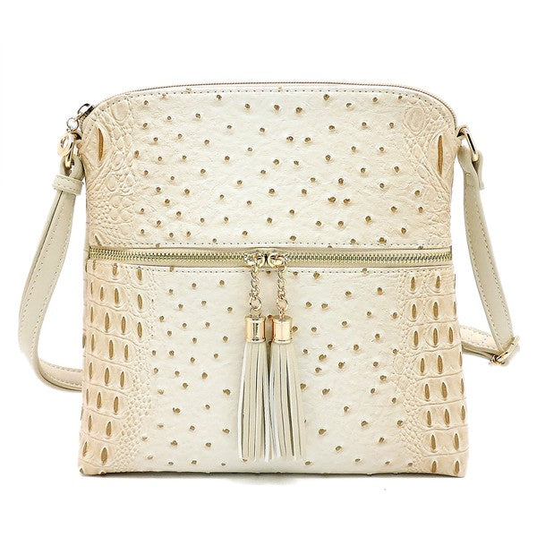 Women's Ostrich Leather  Zip Tassel Crossbody Bag | Zarnesh