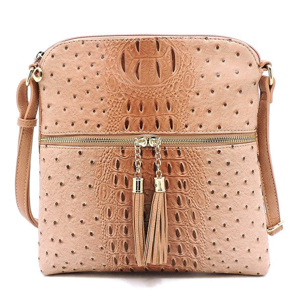 Women's Ostrich Leather  Zip Tassel Crossbody Bag | Zarnesh