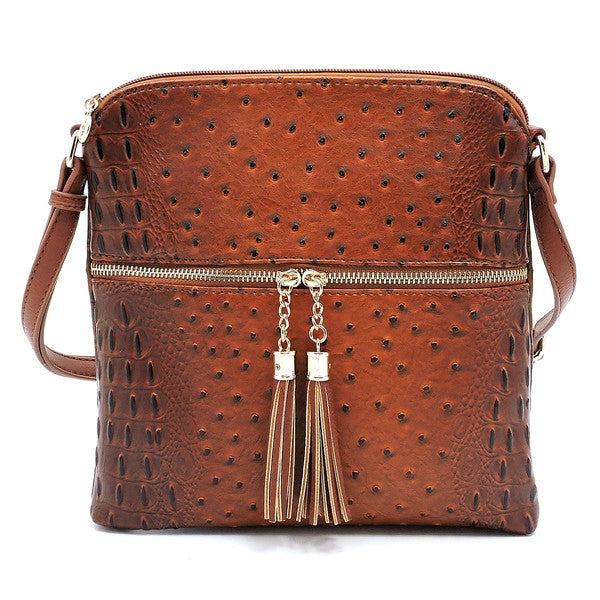 Women's Ostrich Leather  Zip Tassel Crossbody Bag | Zarnesh