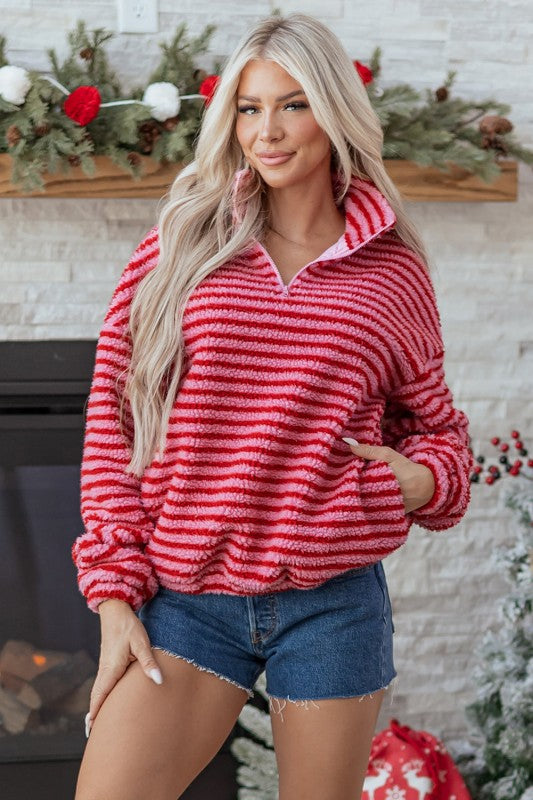 Women’s Oversize Stripe Fleece Half-Zip Pullover Sweatshirt | Zarnesh