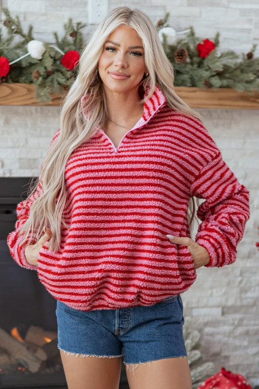 Women’s Oversize Stripe Fleece Half-Zip Pullover Sweatshirt | Zarnesh