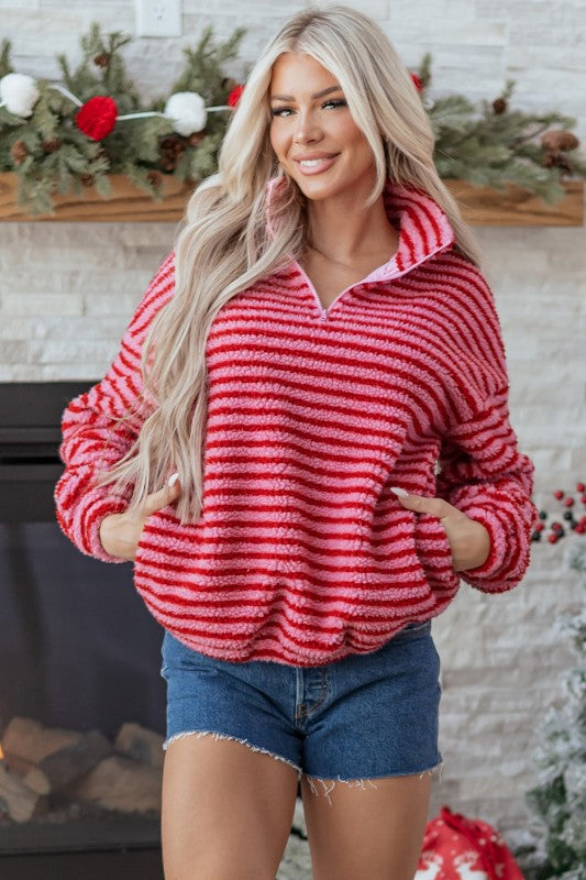 Women’s Oversize Stripe Fleece Half-Zip Pullover Sweatshirt | Zarnesh
