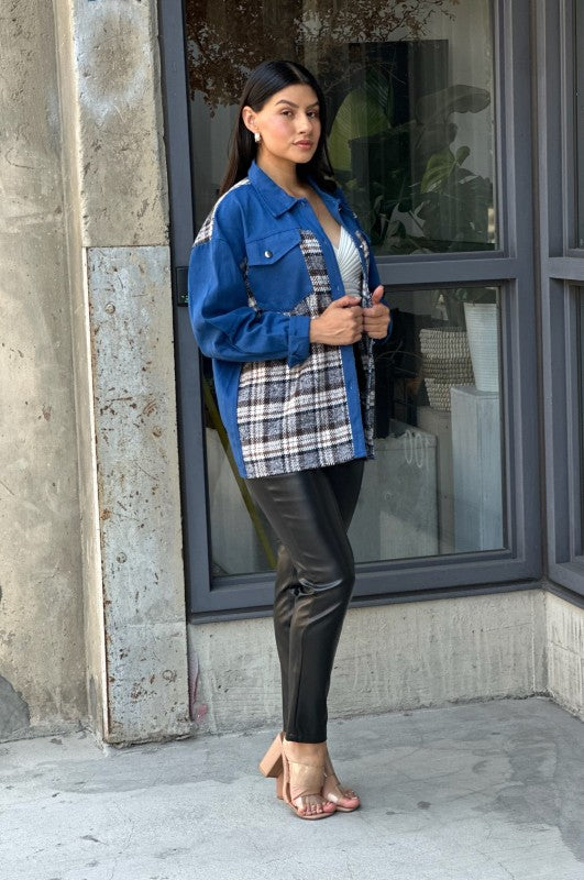 Women’s Oversized Denim & Plaid Print Jacket Top | Zarnesh
