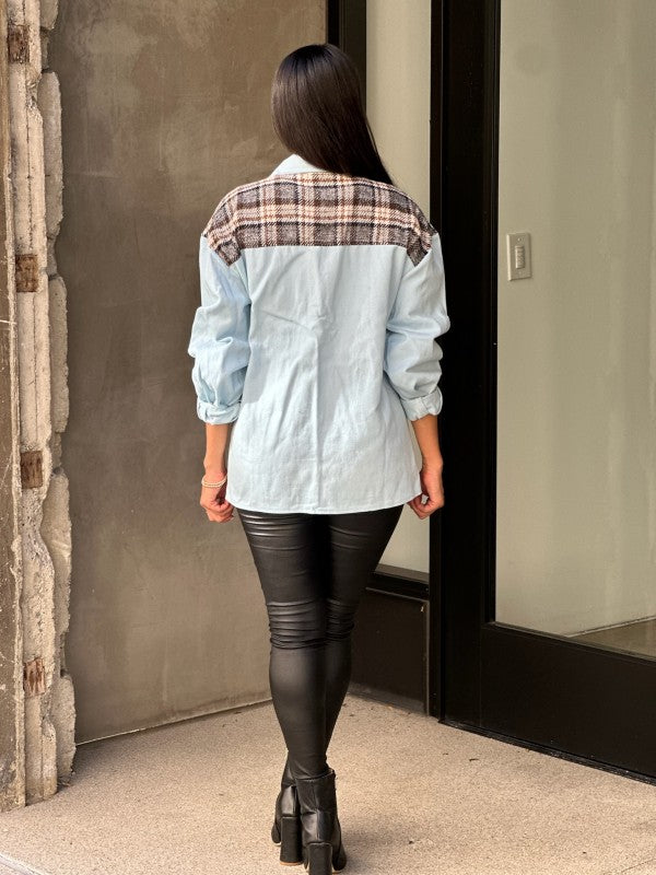 Women’s Oversized Denim & Plaid Print Jacket Top | Zarnesh