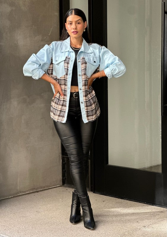 Women’s Oversized Denim & Plaid Print Jacket Top | Zarnesh