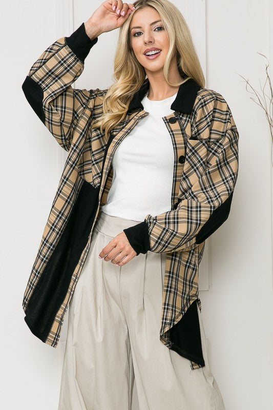 Women's Plaid Oversized Pockets Tunic Length Elbow Patch Shacket | Zarnesh