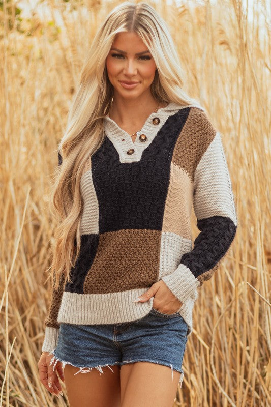 Women’s Paige Cable Knit Sleeve Buttons Collared Sweater | Zarnesh