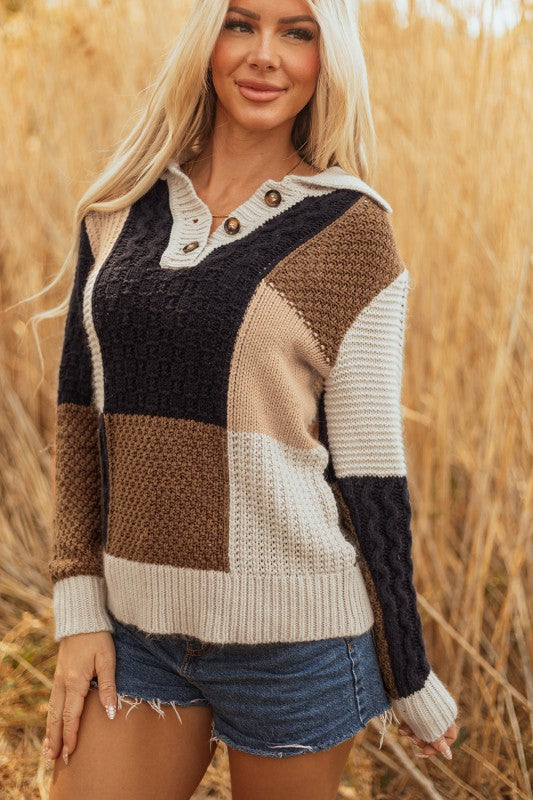 Women’s Paige Cable Knit Sleeve Buttons Collared Sweater | Zarnesh