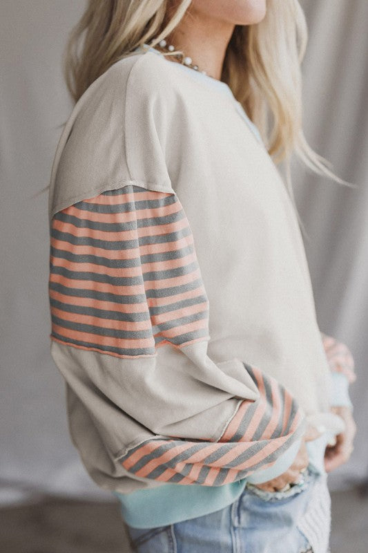 Women’s Patchwork Striped Sleeve Drop Shoulder Sweatshirt | Zarnesh