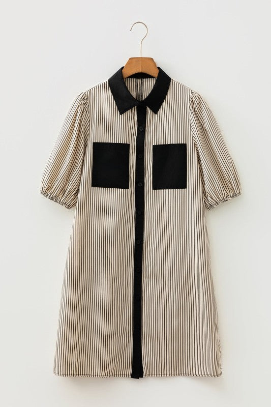 Women’s Patchwork Striped Chest Pocket Shirt Dress | Zarnesh