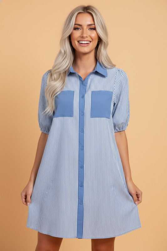 Women’s Patchwork Striped Chest Pocket Shirt Dress | Zarnesh