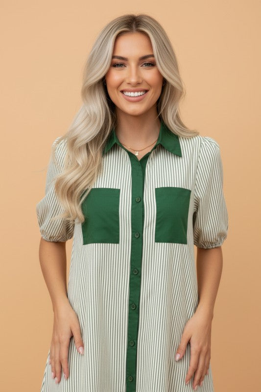 Women’s Patchwork Striped Chest Pocket Shirt Dress | Zarnesh