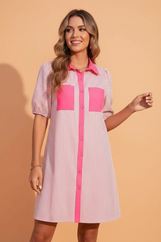 Women’s Patchwork Striped Chest Pocket Shirt Dress | Zarnesh