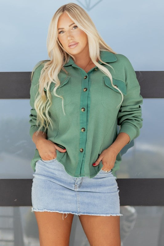 Women’s Patchwork Waffle Chest Pocket Knit Button-Up Shirt | Zarnesh