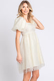 Women Fully Lined Puff Sleeves Pearl Mesh Babydoll Mini Dress Zarnesh