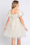 Women Fully Lined Puff Sleeves Pearl Mesh Babydoll Mini Dress Zarnesh