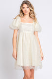 Women Fully Lined Puff Sleeves Pearl Mesh Babydoll Mini Dress Zarnesh
