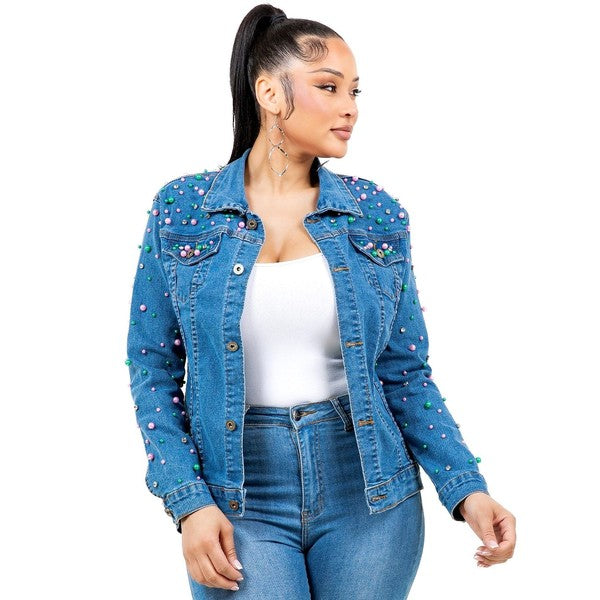 Women’s Pearls Rhinestone Medium Denim Jacket | Zarnesh