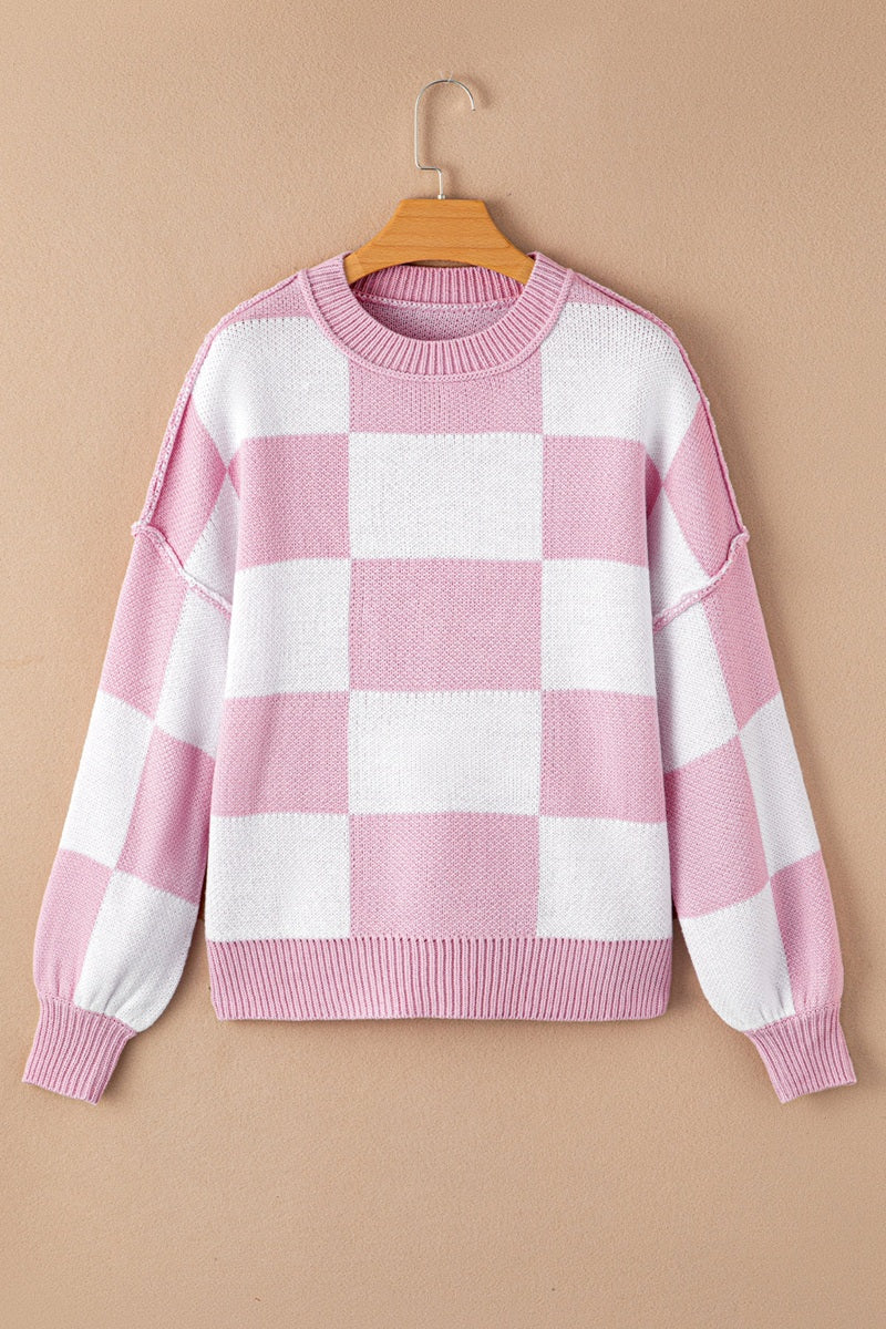 Women’s Color Block Plaid Exposed Bishop Sleeve Seam Sweater | Zarnesh