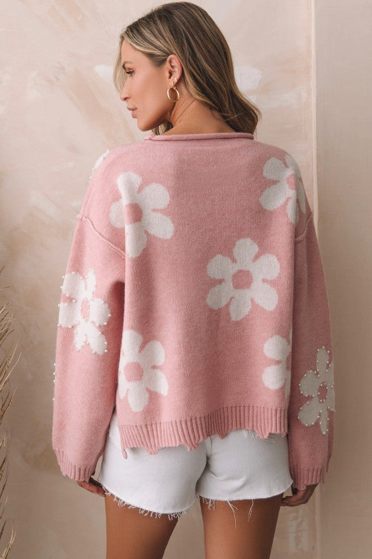 Women's Floral Pearl Beaded Valentine Heart Sweater | Zarnesh