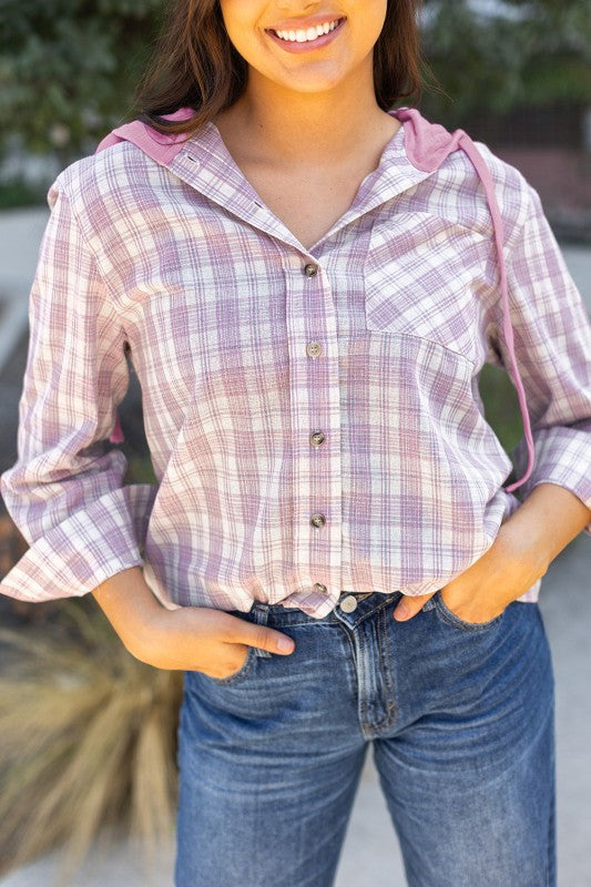 Women’s Plaid Checker Button Up Hooded Shacket | Zarnesh