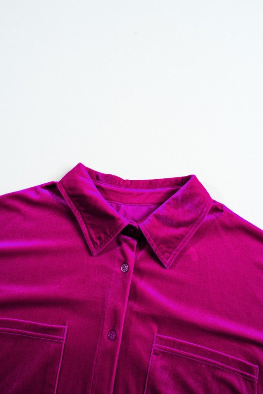 Women’s Plus Size Velvet Shirt Pocketed Fuchsia Button-Up Top | Zarnesh